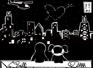 Image: Somewhere in Chicago Volume 13 black and white comic cover. Digital illustration shows a couple sitting on a wall overseeing the Chicago skyline at night with a firework in the shape of a heart and a helicopter in the sky. Created by Buflo.